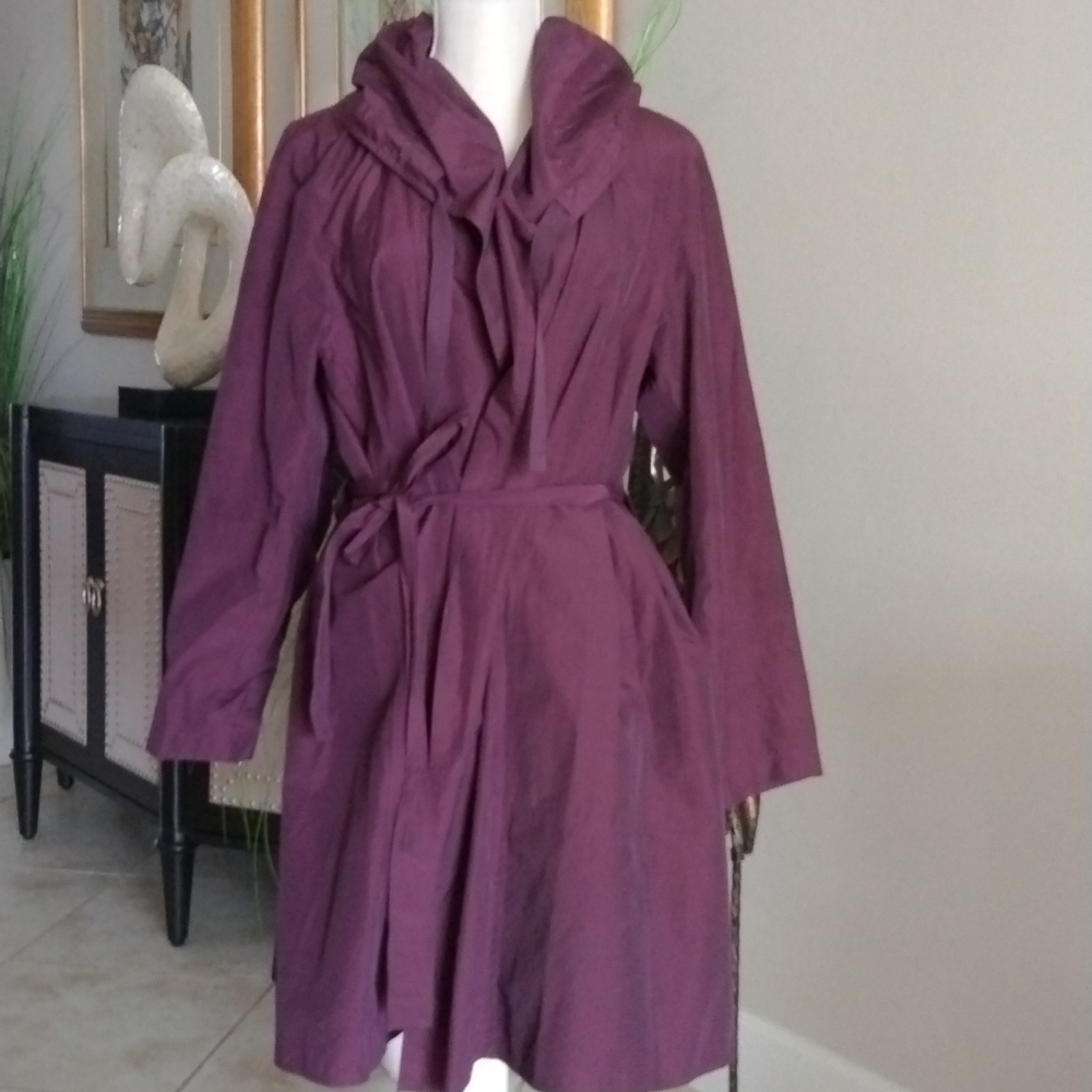 Eileen Fisher trench coat/rain coat in purple w/hood & pockets